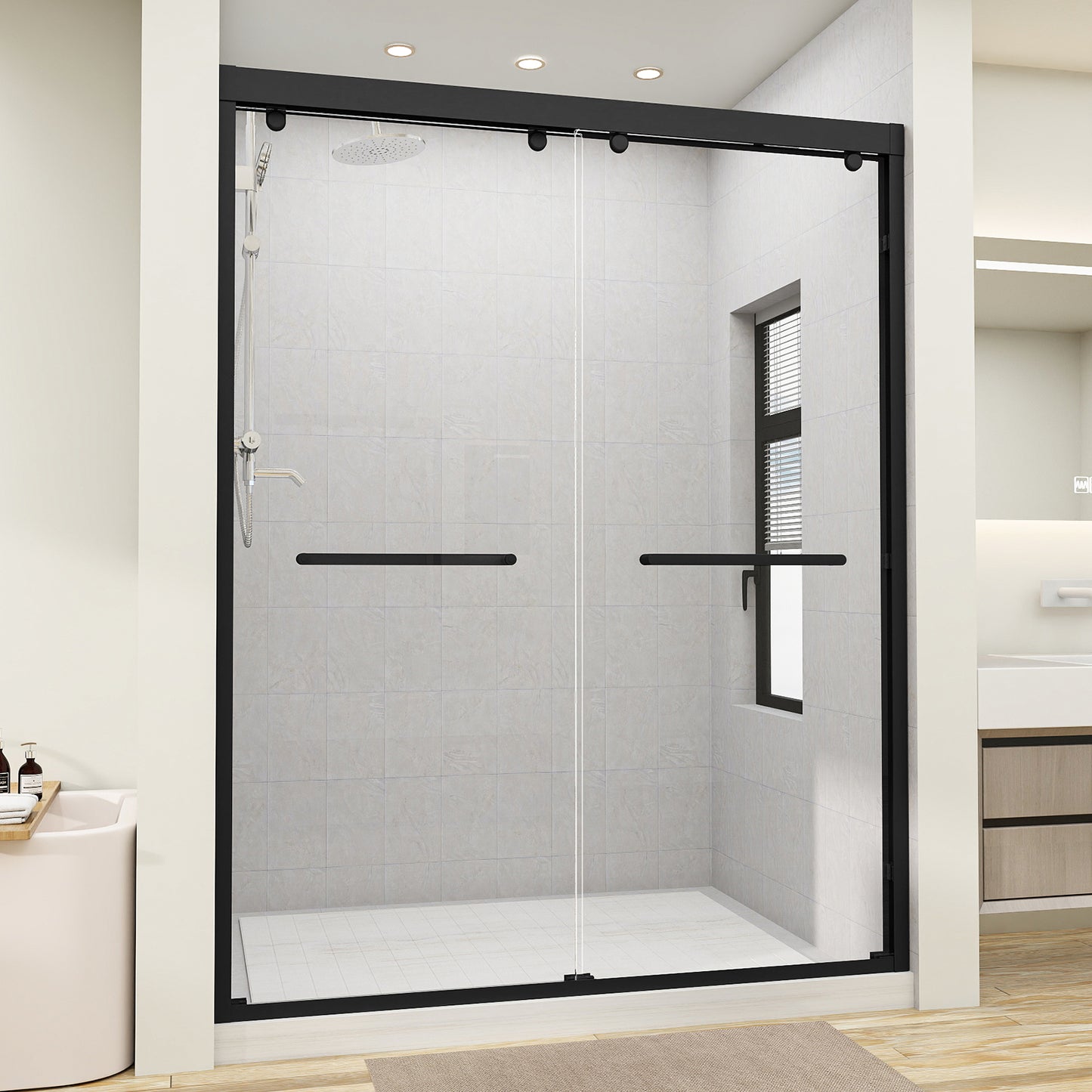 Sliding Shower Door, 56-60" W x 75" H Shower Door 5/16"(8mm) Clear Tempered Glass, 304 Stainless Steel Frame, Noiseless Shatterproof Sliding Shower Door in Stylish and Modern, Matte Black