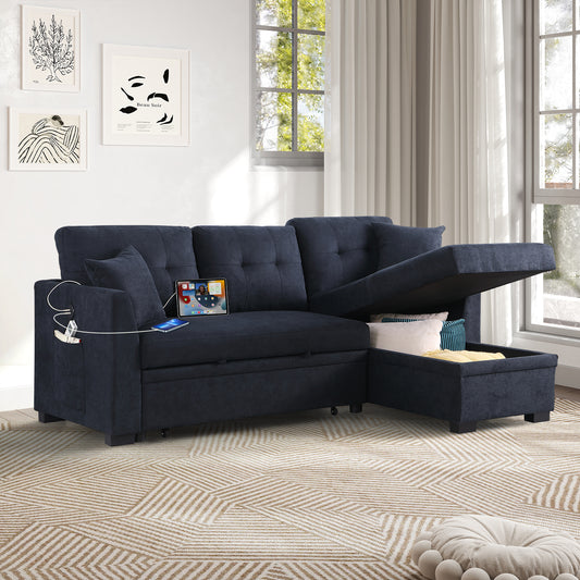 Pull Out Couch L-Shaped Sofa Bed, Sectional Couches with USB & Type C, Storage, Side Pocket and 2 Pillows, Velvet Reversible Couch Sleeper Pull Out Bed for Apartment Living Room - Dark Blue